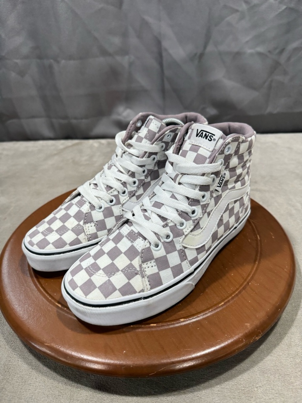 Vans Checkerboard High-Top Sneakers in Lavender & White